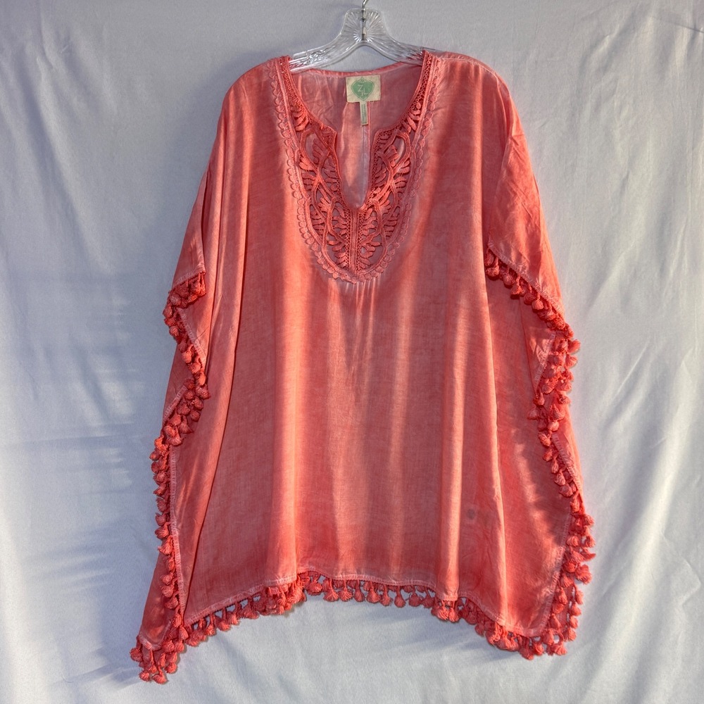 Z&L Europe Kaftan Top Womens FS Coral Pink Boho Pom Pom Embroidered Tassel Beach